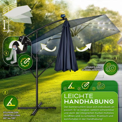 Tillvex® Tenda da Sole Rettangolare in Alluminio con LED Solare Ø 330 Cm + Copertura con Manovella | Ombrello Angolare con Luce Stradale, Supporto e Parabrezza | Grande Ombrello da Giardino in Alluminio con Protezione UV | Ombrello con Manovella, Ombrello