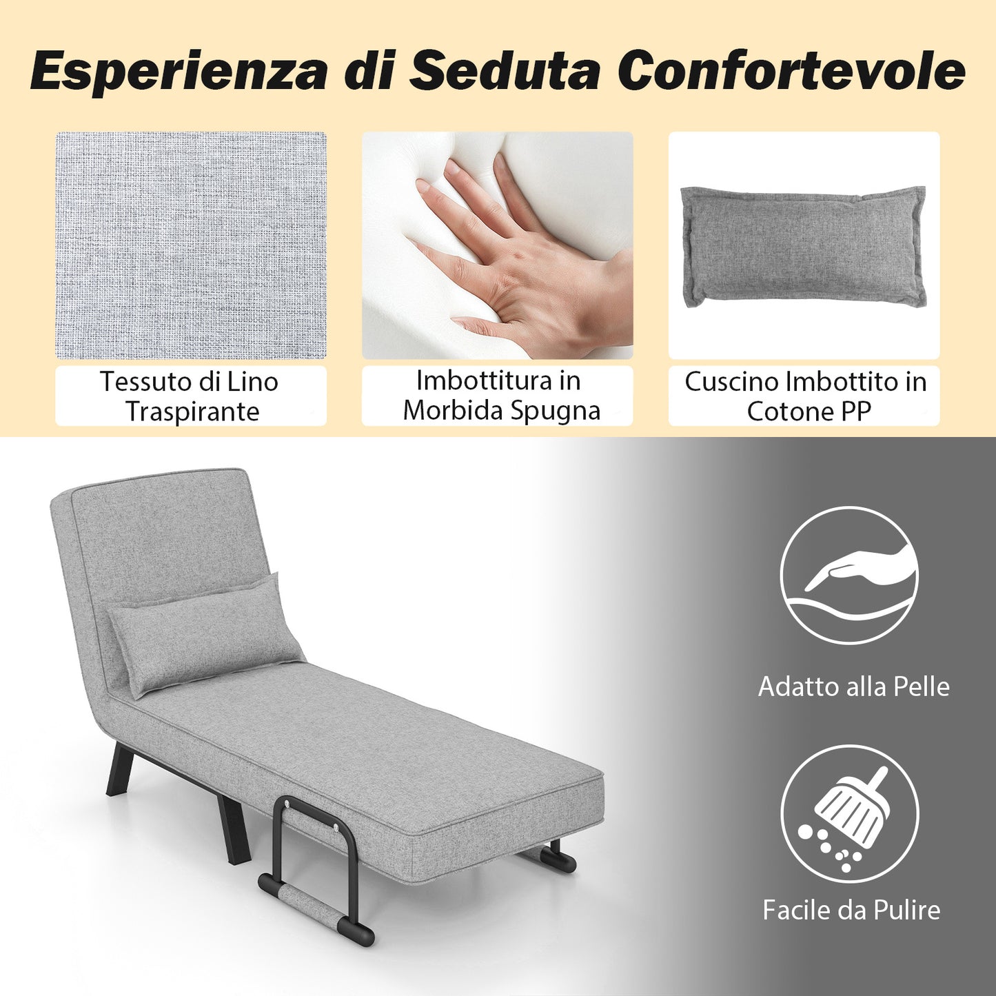 4 in 1 Poltrona Letto Singolo, Poltroncina Pieghevole con Schienale Regolabile in 6 Posizioni, Sedile Imbottito Robusto, Divano Letto per Casa Ufficio, 79x65x79 cm