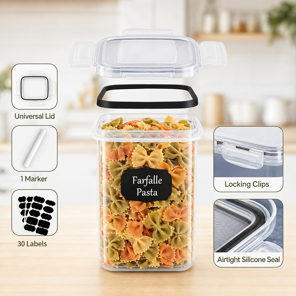 Set di 24 contenitori ermetici per alimenti con coperchi per l'organizzazione e lo stoccaggio in cucina, set di barattoli in plastica per cereali, pasta, farina e zucchero, etichette e pennarello
