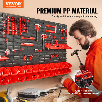VEVOR Contenitori da parete, Scaffale organizzatore per pezzi da 30 scomparti, Attrezzo da officina in plastica per garage con pannelli a muro/portautensili/ganci, Organizzatore di utensili per dadi, bulloni, viti, chiodi, perline, bottoni, Nero e Rosso