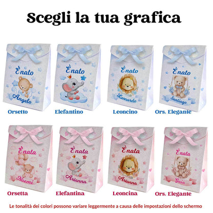 Set 8 Scatoline Bomboniere personalizzate con nome, Prima Nascita, Baby shower, scatole Portaconfetti + 4 mt. nastro raso, Festa nascita bimbo orsetto blu