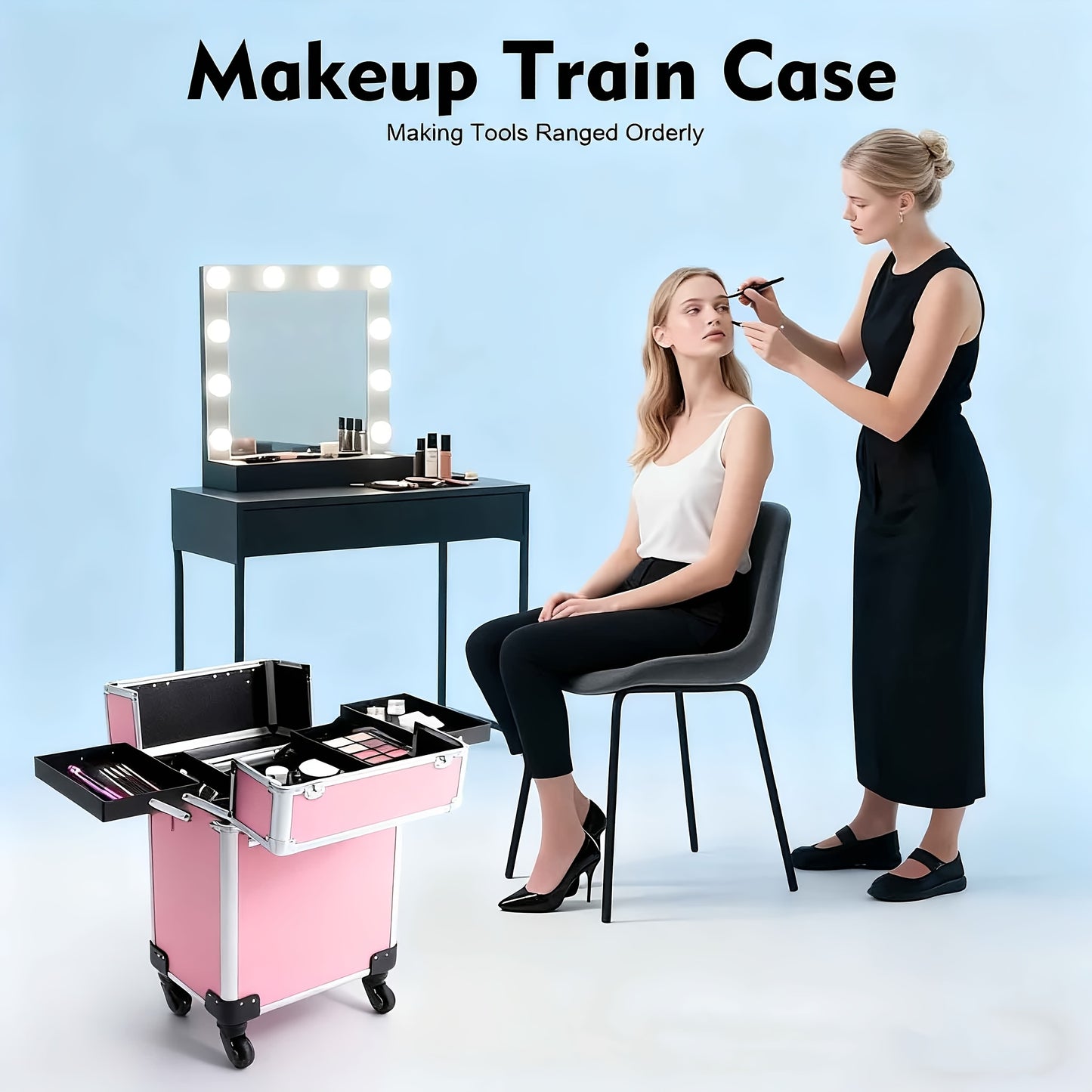 Valigetta per Trucco con Ruote, Beauty Box con Ruote, Ampio Spazio di Stoccaggio, Design Resistente, Regalo Ideale per Truccatori, Parrucchieri e Nail Artist, Organizer di Bellezza Portatile per Viaggi o Uso in Salone