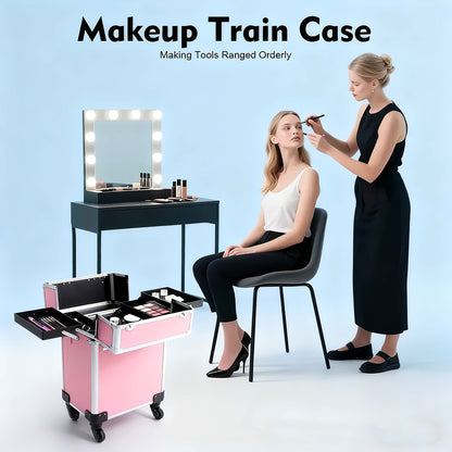 Valigetta per Trucco con Ruote, Beauty Box con Ruote, Ampio Spazio di Stoccaggio, Design Resistente, Regalo Ideale per Truccatori, Parrucchieri e Nail Artist, Organizer di Bellezza Portatile per Viaggi o Uso in Salone