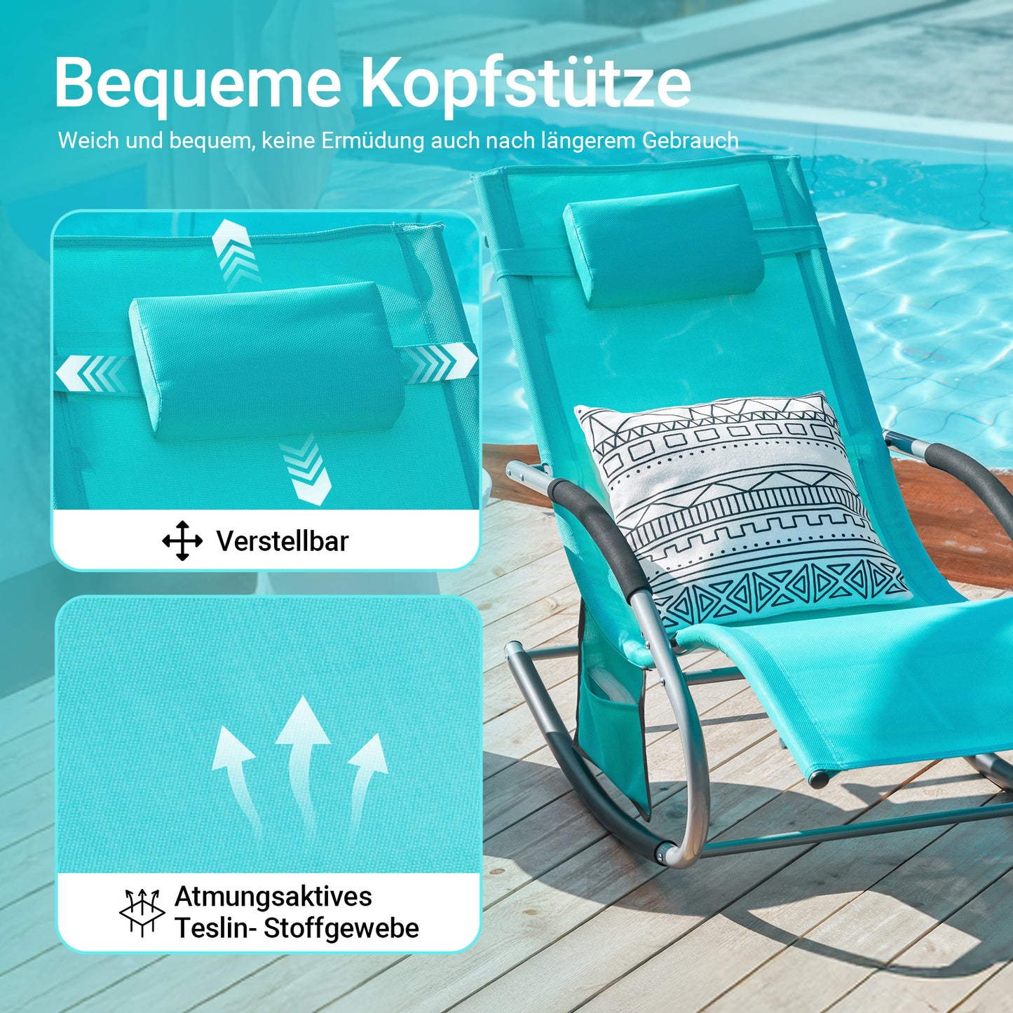 1 Pezzo Lettino Prendisole Lettino da Giardino Sdraio Relax Sedia a Dondolo da Esterno con Cuscino Poggiatesta Superficie Ergonomica Tessuto Resistente agli Agenti Atmosferici Struttura in Metallo Tasca Laterale Portata Massima 150 kg Terrazza Balcone Gia