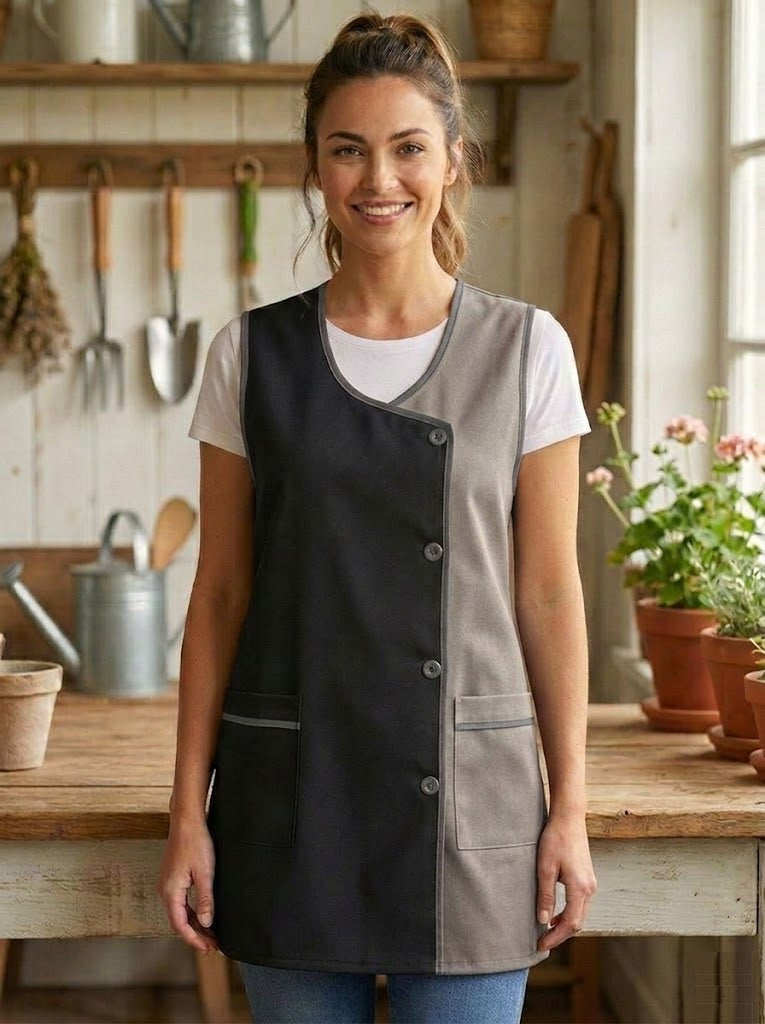 Grembiule da cucina liscio da donna, confortevole e resistente, dettagli moderni e funzionali: tasche frontali e bottoni frontali Utilizzo: cucina, casa, lavoro e attività quotidiane