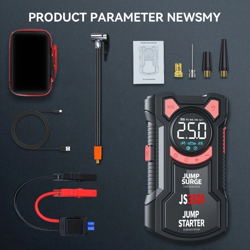 Avviatore di emergenza portatile per auto da 5000A di picco con compressore d'aria da 150PSI, caricabatteria per auto a 12V per fino a 10.0L benzina/9.0L diesel, ricarica rapida QC3.0, gonfiatore digitale per pneumatici e luce di emergenza a LED