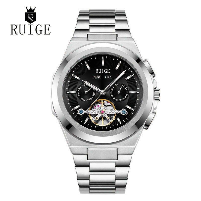 Orologio da uomo elegante automatico meccanico con cinturino in acciaio inossidabile, con funzioni business e sportive, display multipli, calendario, lancette luminose e design scheletrato. Un regalo perfetto per uomo.