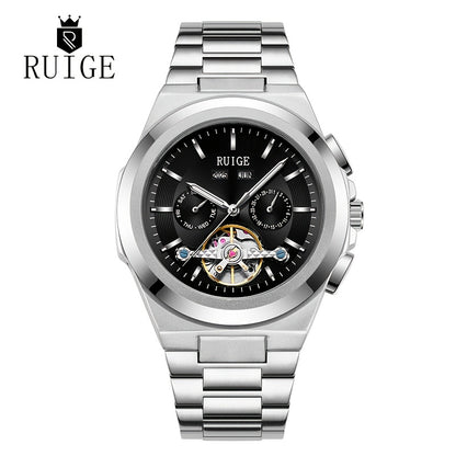 Orologio da uomo elegante automatico meccanico con cinturino in acciaio inossidabile, con funzioni business e sportive, display multipli, calendario, lancette luminose e design scheletrato. Un regalo perfetto per uomo.