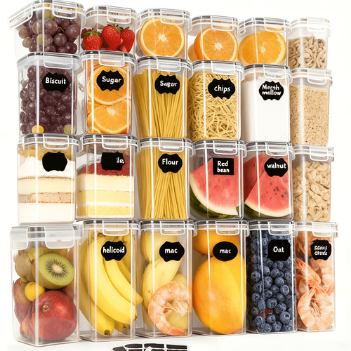 Contenitori per alimenti sigillati 48/20 pezzi, organizer e contenitori multiuso per la cucina, barattoli per alimenti in plastica sana per cereali, farina, zucchero, pasta, inclusi etichette e marcature (24 coperchi e 24 barattoli)
