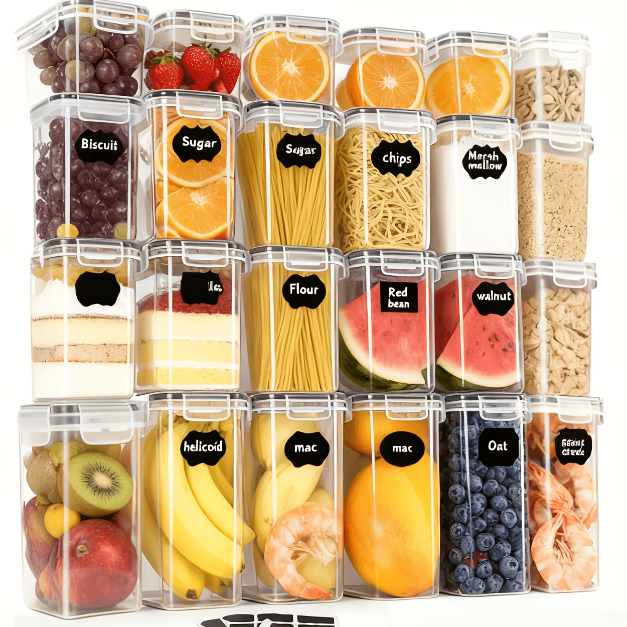 Contenitori per alimenti sigillati 48/20 pezzi, organizer e contenitori multiuso per la cucina, barattoli per alimenti in plastica sana per cereali, farina, zucchero, pasta, inclusi etichette e marcature (24 coperchi e 24 barattoli)