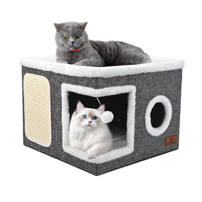 Cuccia per gatti con letti a 2 livelli, tunnel giocattolo, divano pieghevole, tiragraffi e palla sospesa in peluche - Struttura resistente in nylon, tela morbida, design chiuso per tutte le stagioni, facile da montare, cuccia a cubo per interni, unità di