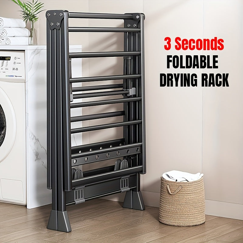 Stendino per Biancheria Pieghevole in Alluminio Resistente con Scarpiere - Design 3 Secondi, Altezza Regolabile, 4 Ruote per Interno/Esterno, Montaggio Senza Attrezzi, Struttura A-Frame Stabile, Grigio Portatile Salvaspazio, Assemblaggio Semplice, Costruz