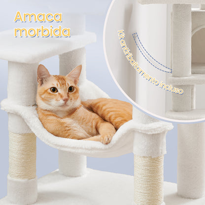 Albero per Gatti Multi Livello, Torre Tiragraffi per Gatti con 4 Pali Tiragraffi, Amaca, Grotta, Giochi