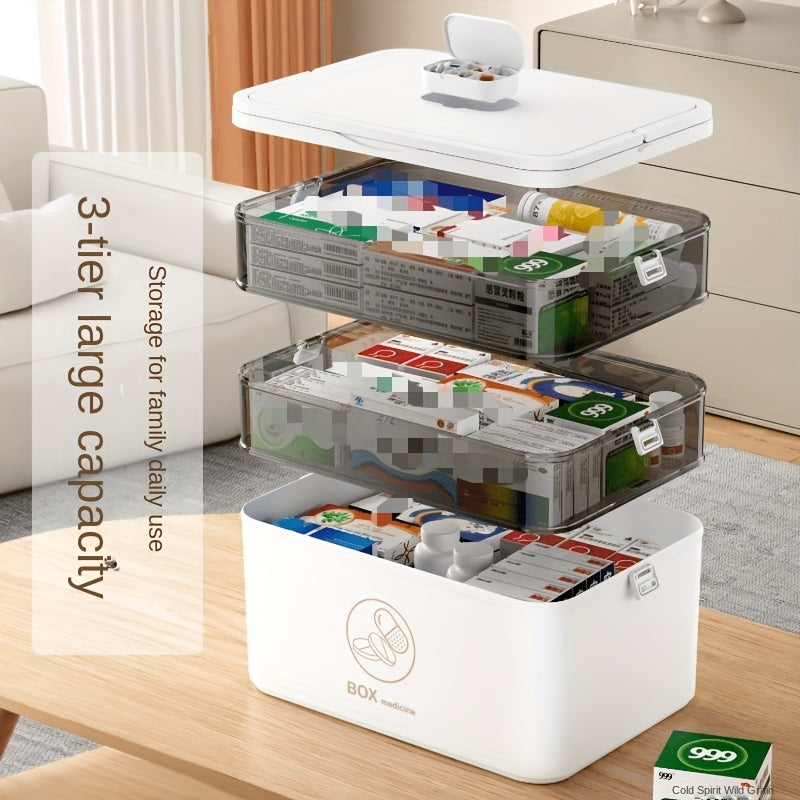 Contenitore per Medicinali a 3 Livelli con Coperchio Ribaltabile, Organizzatore di Emergenza Familiare Grande, Chiusura a Scatto, Plastica Resistente, Scatola Portatile per Casa, Camera da Letto, Bagno e Ufficio, Organizzatore di Medicinali,Organizzatore