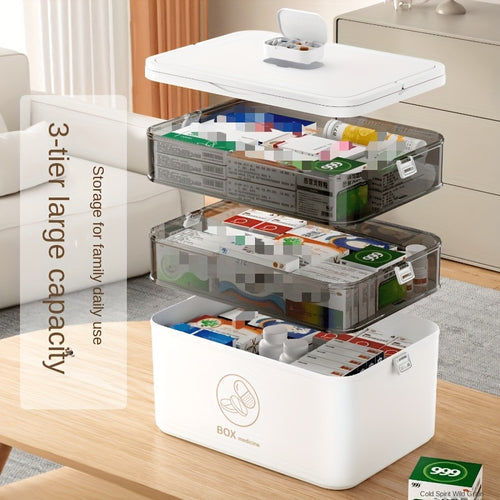 Contenitore per Medicinali a 3 Livelli con Coperchio Ribaltabile, Organizzatore di Emergenza Familiare Grande, Chiusura a Scatto, Plastica Resistente, Scatola Portatile per Casa, Camera da Letto, Bagno e Ufficio, Organizzatore di Medicinali,Organizzatore