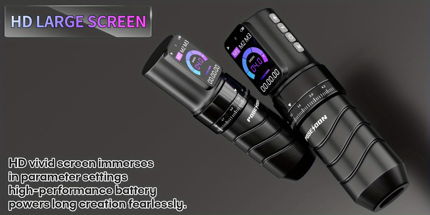 POSEIDON Kit Completo per Tatuaggi Wireless con 10 Aghi e Alimentatore - Pistola Rotary Professionale per Principianti, Penna con Display LCD, Compatibile con Aghi a Cartuccia (Adattatore Non Incluso) - Attrezzatura per Tatuaggi per Aspiranti