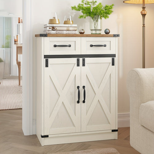 Armadietto Bagno, Armadio con 2 Cassetti e 2 Ante, Mobile da Cucina, Mensola Regolabile, Stile Country House, Soggiorno, 30 x 60 x 80 cm, Marrone Vintage-Bianco