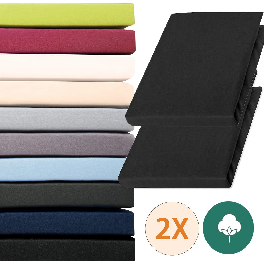 2 Pezzi Lenzuolo Jersey 100% Cotone 130gsm, Lenzuolo con Angoli Elastici, Gonna 30cm, Ipoallergenico, Traspirante, Adatto per Camera da Letto, Dormitorio e Camera degli Ospiti, Lavabile in Lavatrice, Biancheria da Letto Jersey