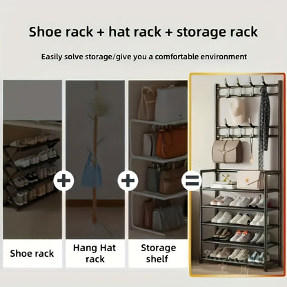 Scaffale per Scarpe - Appendiabiti Salvaspazio, Scaffale a 5 Ripiani con 8 Ganci, Struttura Robusta in Metallo Dorato/Plastica, Design Autoportante o da Parete per Casa, Ufficio e Negozio - Ideale per Scarpe, Cappotti, Cappelli, ecc., Regalo per Halloween
