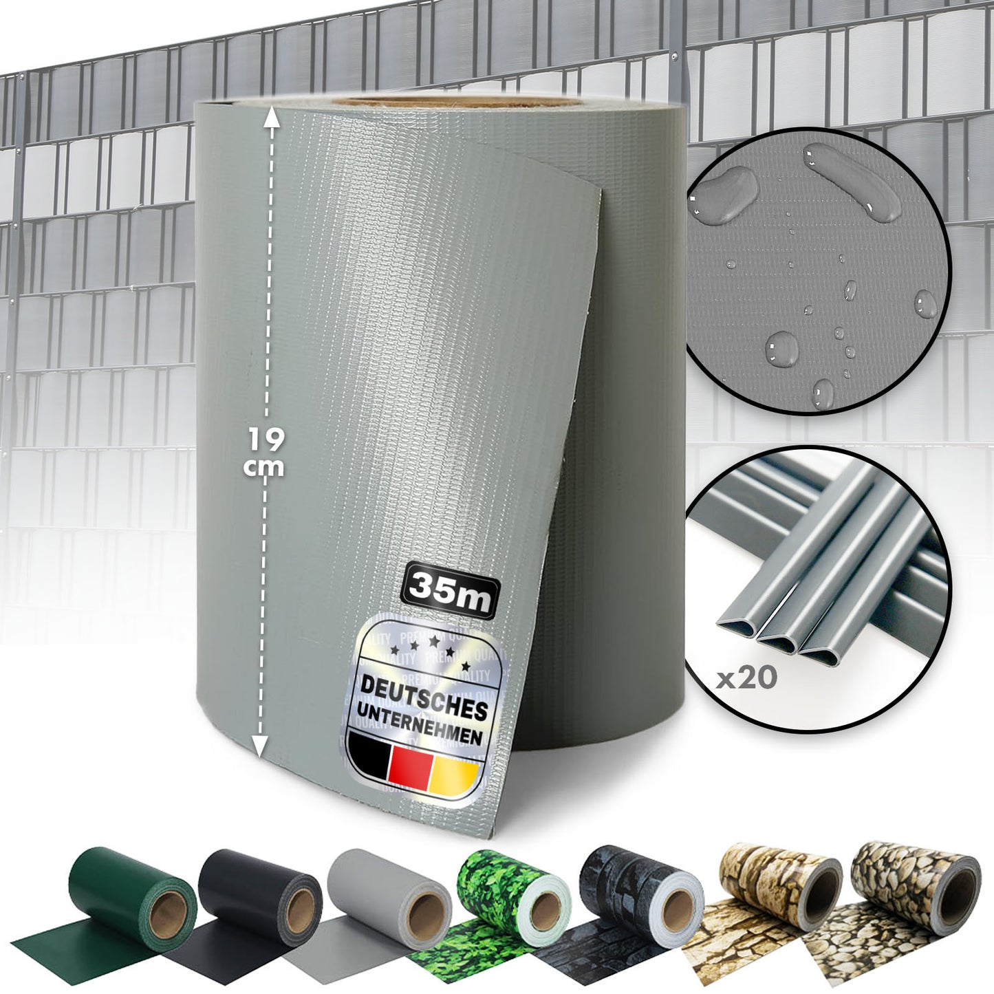 Striscia PVC per Privacy per Recinzione a Doppio Filo – Rotolo da 35m, Altezza 19cm, Include 20 Clip, Disponibile in 3 Colori e 4 Design