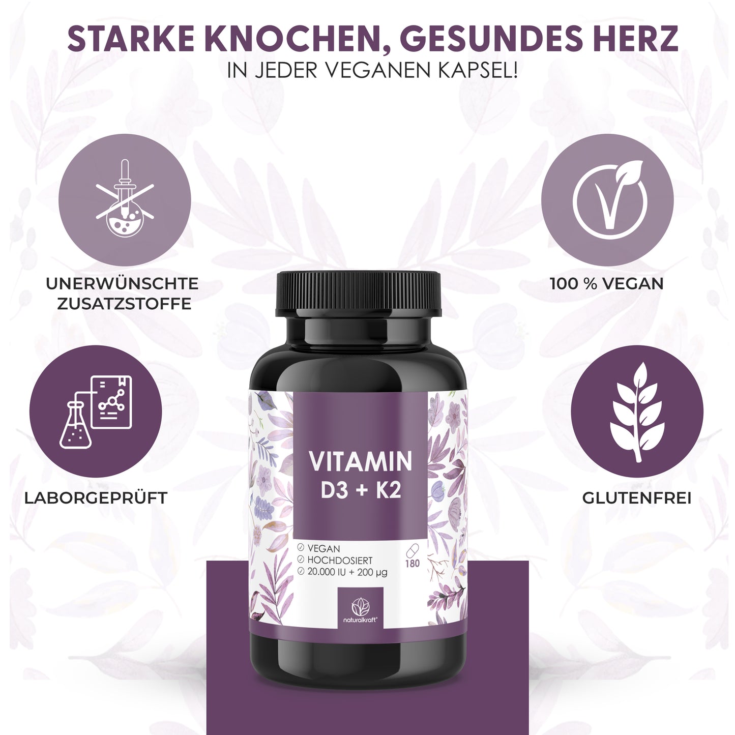 NATURALKRAFT® Vitamina D3 + K2 Premium, 20.000 UI + 200 mcg, Deposito (180 Capsule, Alta Dosaggio & Vegano) – Qualità Marchio Tedesco
