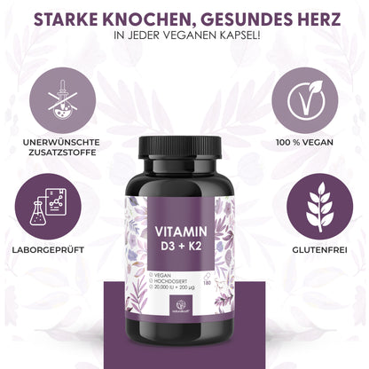 NATURALKRAFT® Vitamina D3 + K2 Premium, 20.000 UI + 200 mcg, Deposito (180 Capsule, Alta Dosaggio & Vegano) – Qualità Marchio Tedesco