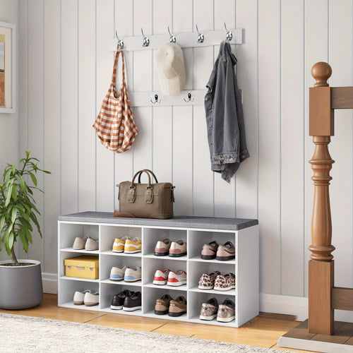 Set scarpiera armadio, divanetto scarpiera con 12 scomparti, scarpiera con divanetto imbottito, armadio a muro con 9 ganci, mobiletto scarpe per ingresso, corridoio, camera da letto