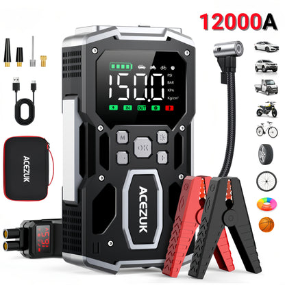 Avviatore di emergenza per auto 12000A con compressore d'aria, booster batteria 12V per tutti i motori a benzina/diesel da 10L, gonfiatore portatile per pneumatici con display LCD, luce LED QC3.0, per SUV, camion, moto con custodia