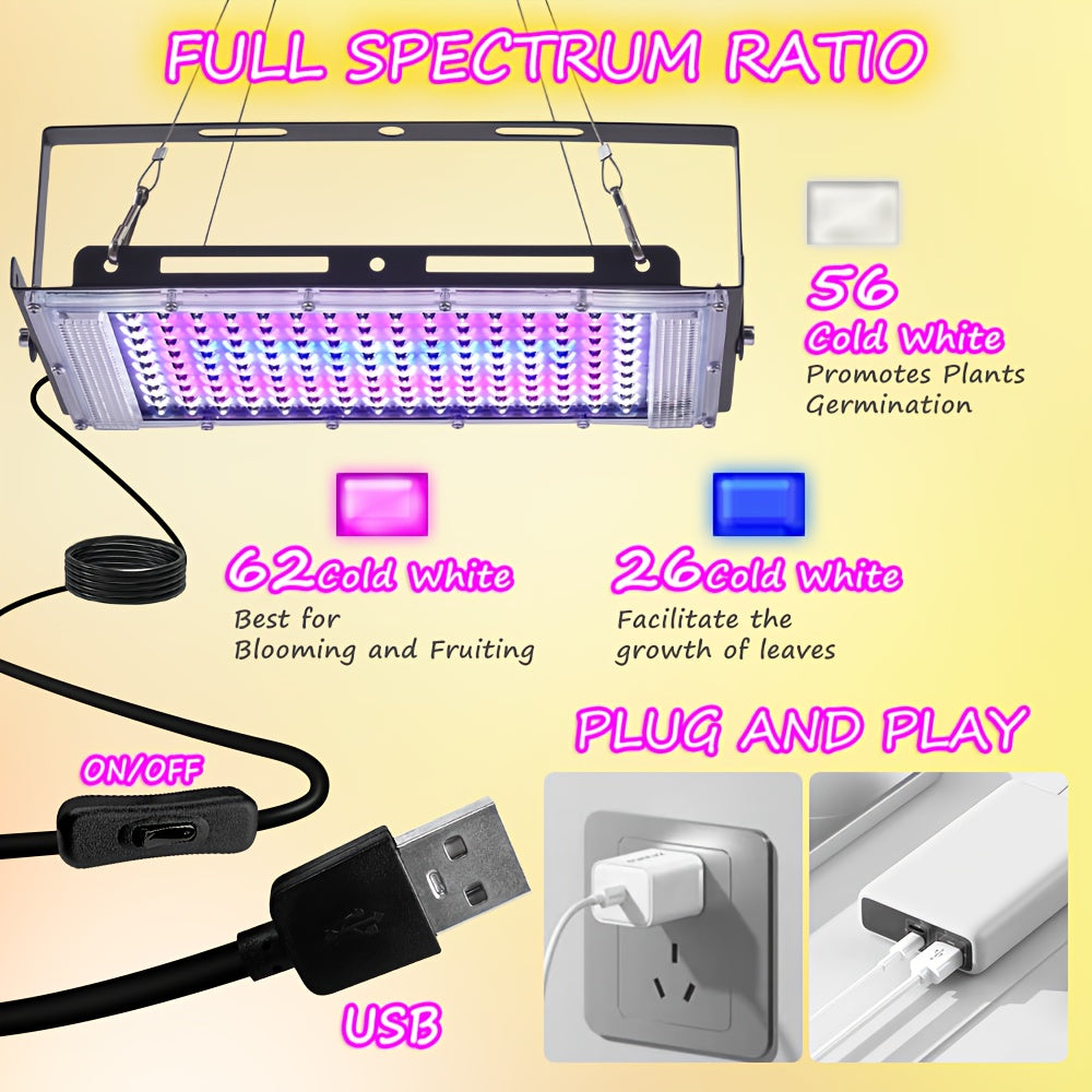 Set da 1/2/3 contenente 144 LED che forniscono luce a spettro completo per la coltivazione di piante, con spina USB 5V. Questa lampada da coltura sospesa include un interruttore on/off ed è adatta per piante da interno durante le fasi vegetativa e di fior