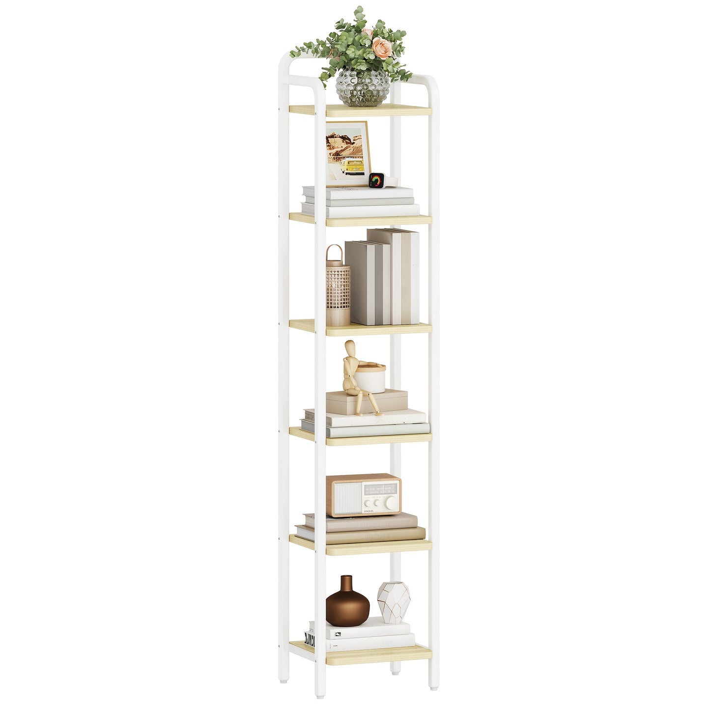 Libreria, Scaffale, Scaffale a Piedi, Libreria Stretta, Scaffale Angolare Industriale, Scaffale Sottile per Ufficio Domestico, Soggiorno, Camera da Letto, Cucina, 6 Ripiani Vintage Marrone-Nero