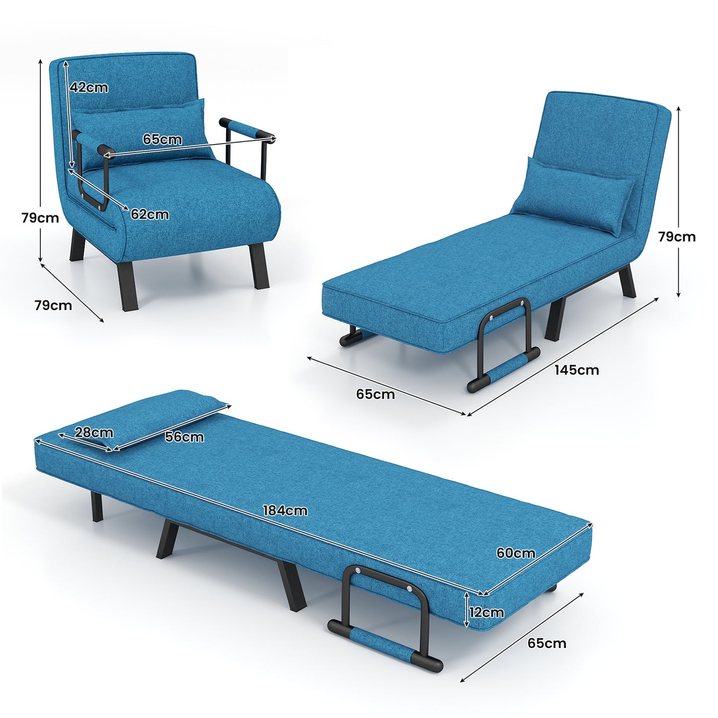 4 in 1 Poltrona Letto Singolo, Poltroncina Pieghevole con Schienale Regolabile in 6 Posizioni, Sedile Imbottito Robusto, Divano Letto per Casa Ufficio, 79x65x79 cm