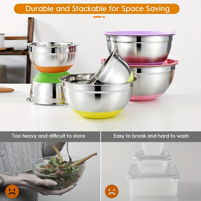 Set da 22 pz/10 pz di Ciotole per Insalata Avanzate in Acciaio Inossidabile con Coperchi, Base della Ciotola in Silicone Aggiornata, Gruppo di Ciotole per Insalata Impilabili, Lavabili in Lavastoviglie, 5L, 4.5L, 4L, 2.4L, 1.7L, 1.3L, 0.8L, Confezione Mis