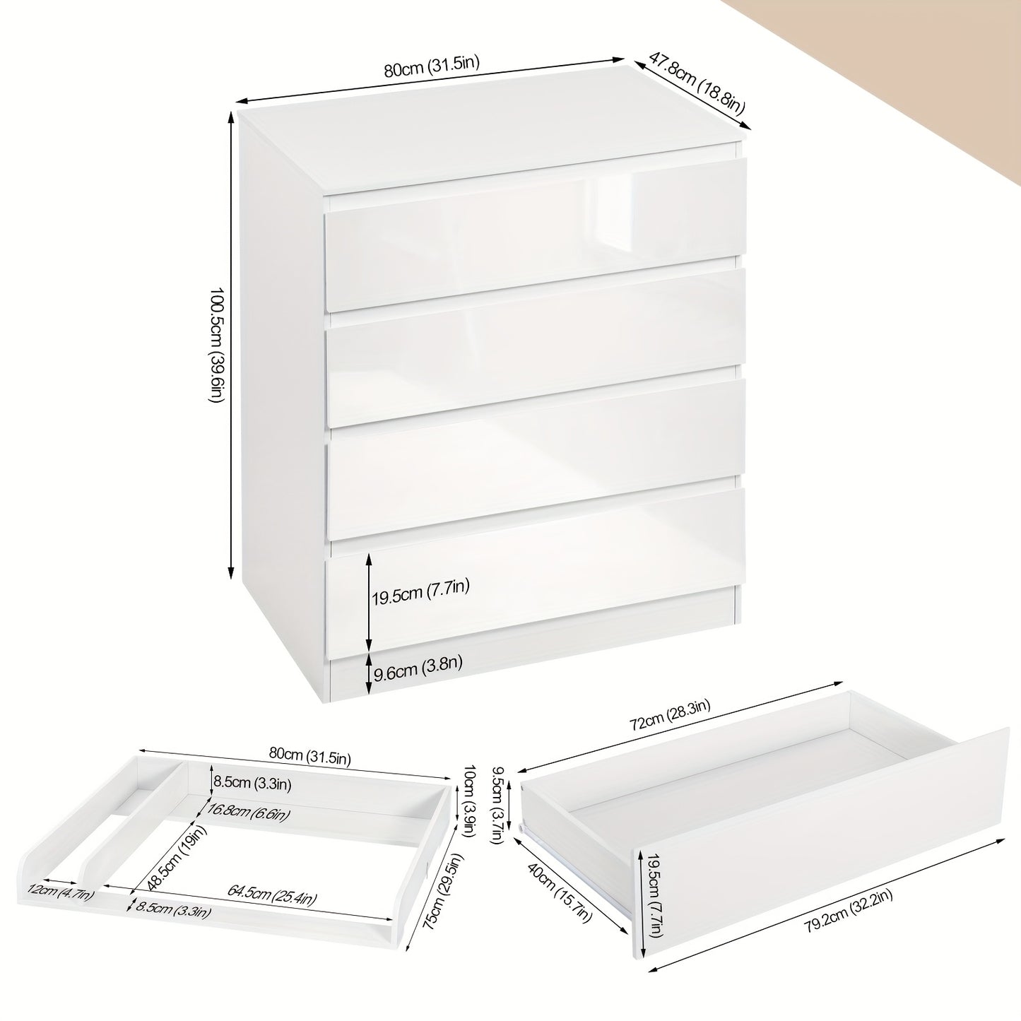 Unità di cassetti da 1 pezzo con 4 grandi cassetti, utilizzabili come organizer o comò, mobilia per la casa con ripiani rimovibili, tavolino da notte, camera da letto, soggiorno, bagno, bianco, 110x80x75 cm, decorazione pasquale, regalo per la Festa della