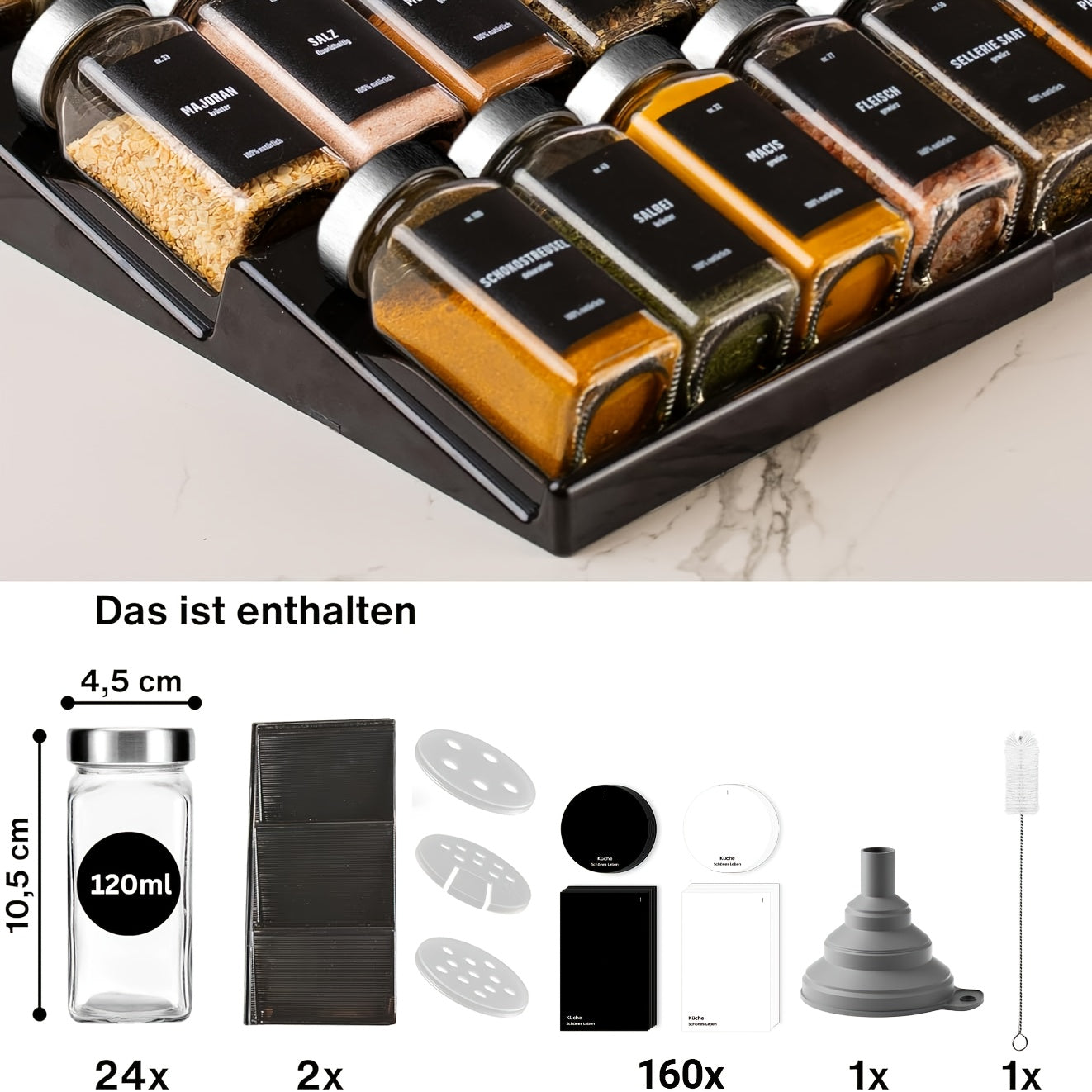 Miorkly Cassetto Regolabile per Spezie con 24 Bottiglie di Spezie in Vetro e Etichette - Si Adatta a Tutti i Cassetti, Soluzione di Stoccaggio Durevole per la Cucina per Spezie, Erbe e Condimenti, Barattoli per Spezie