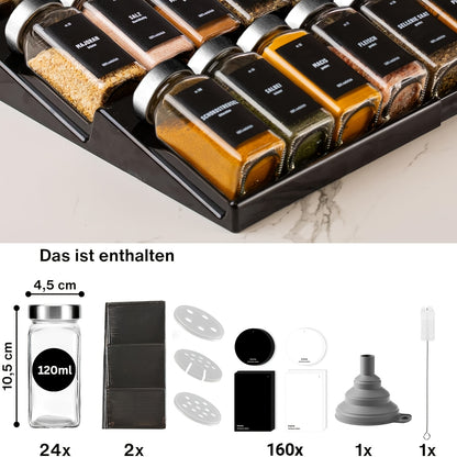 Miorkly Cassetto Regolabile per Spezie con 24 Bottiglie di Spezie in Vetro e Etichette - Si Adatta a Tutti i Cassetti, Soluzione di Stoccaggio Durevole per la Cucina per Spezie, Erbe e Condimenti, Barattoli per Spezie