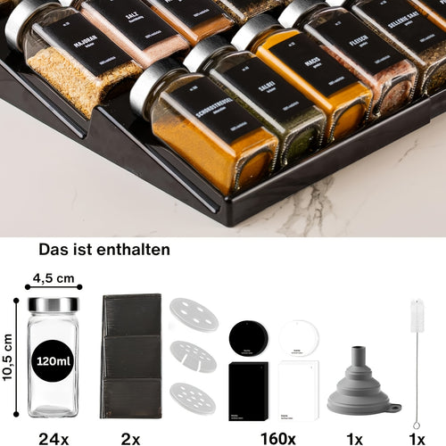 Miorkly Cassetto Regolabile per Spezie con 24 Bottiglie di Spezie in Vetro e Etichette - Si Adatta a Tutti i Cassetti, Soluzione di Stoccaggio Durevole per la Cucina per Spezie, Erbe e Condimenti, Barattoli per Spezie