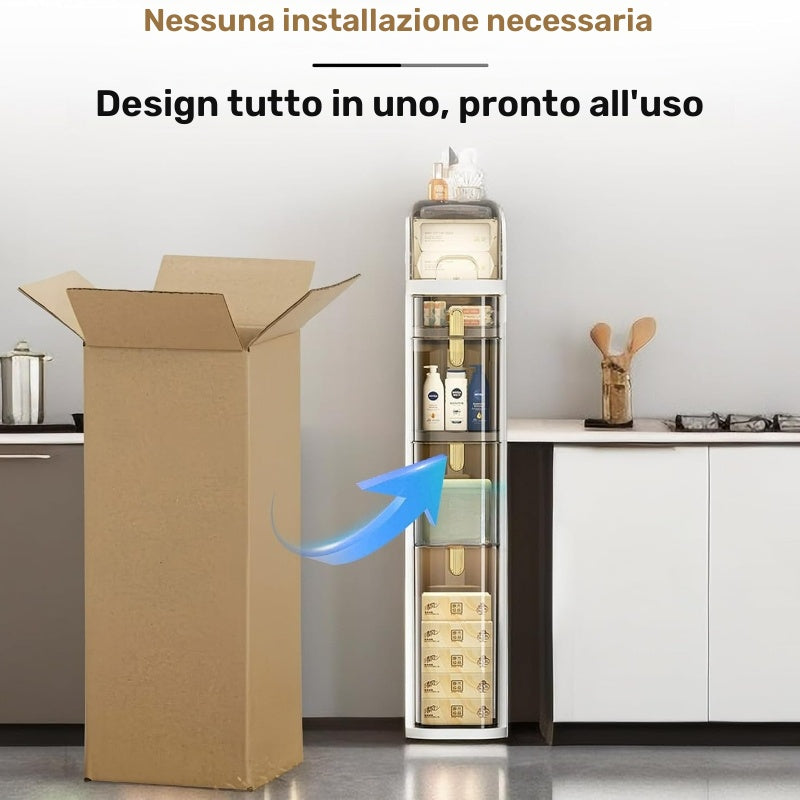 Mobiletto da bagno sottile a 4 ripiani, organizer da pavimento per bagno sottile da 7.1″ con cassetti e portasciugamani, armadietto mobile impermeabile in plastica con ruote per piccola cucina, lavanderia, soggiorno, unità di cassetti portaoggetti