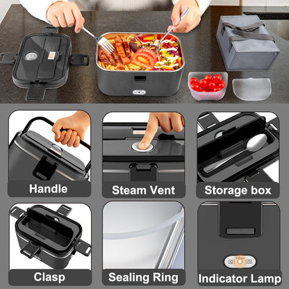 Questa lunch box offre un'uscita di potenza di 80W e una capacità di 1.8 litri, rendendola ideale per pasti per adulti. È una thermos portatile progettata per riscaldare il cibo in movimento. Include una borsa termica e un set di posate.