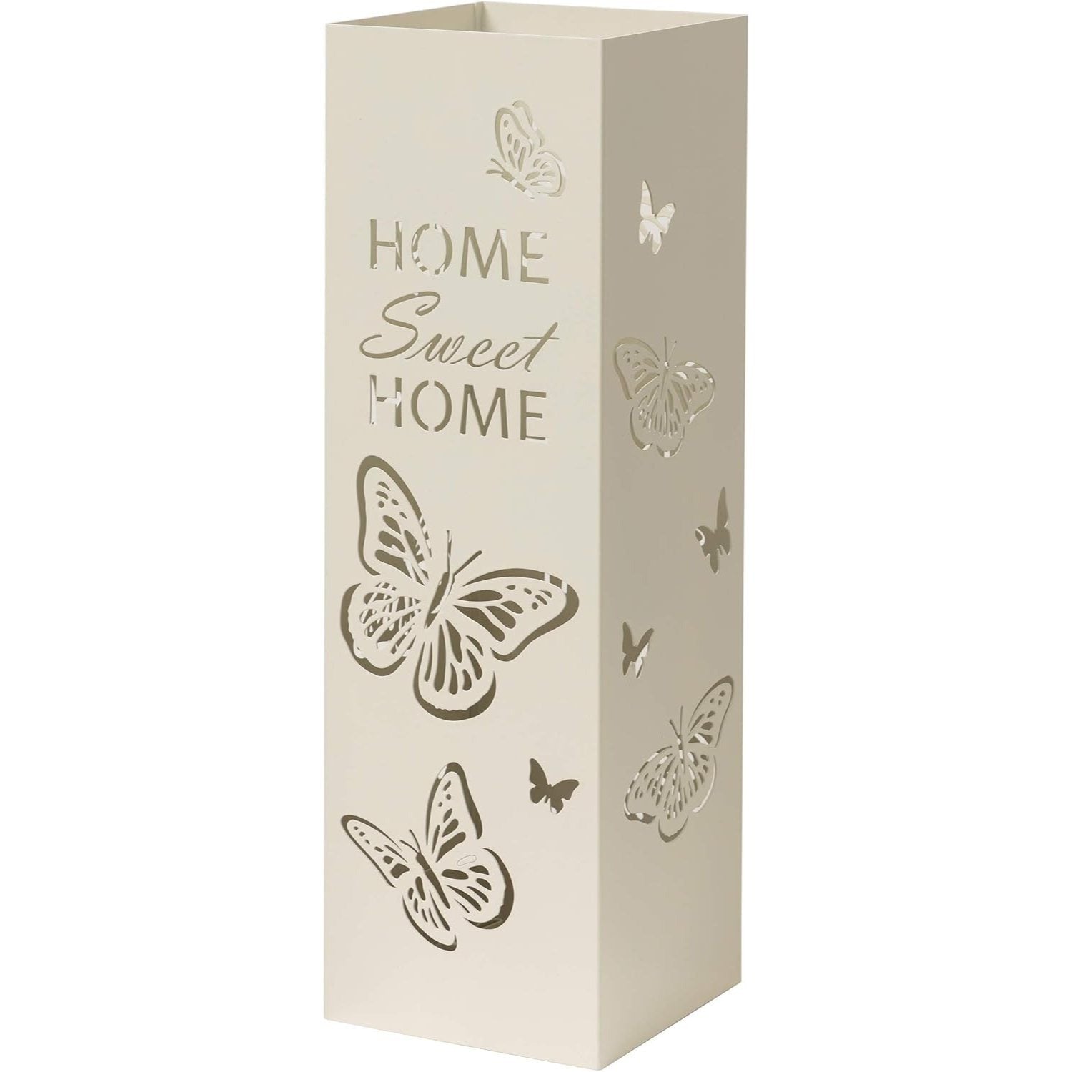 Baroni Home Portaombrelli Quadrato in Metallo Bianco | Nero | Tortora 15,5x15,5x49 cm con Intagli Scritta Home Sweet Home e Farfalle, Porta Ombrelli con Gancini e Vaschetta Raccogli Gocce Removibile in Plastica, Supporto per Ombrelli da Esterno e da Inter