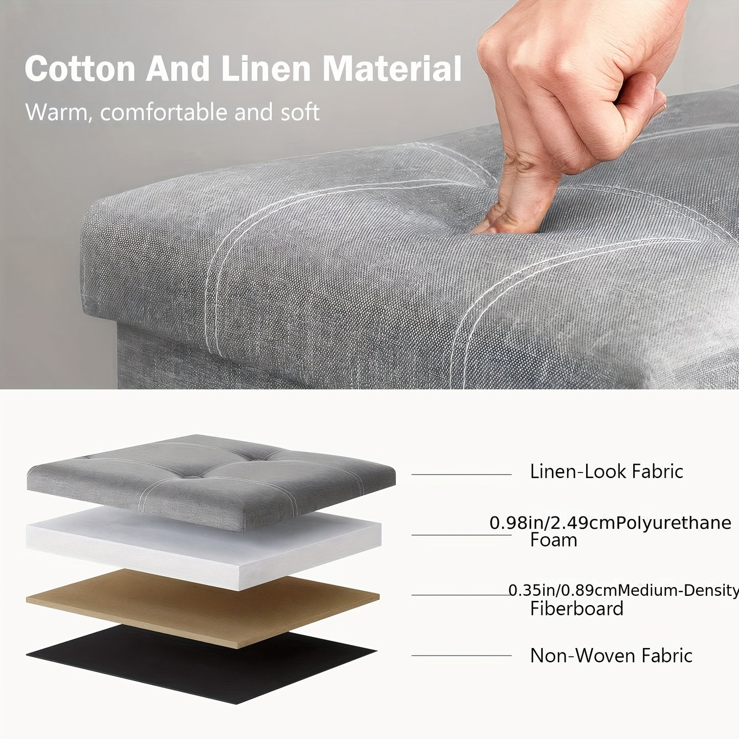 Sgabello contenitore multifunzionale moderno con seduta imbottita e contenitore pieghevole, tessuto grigio, design salvaspazio, adatto per soggiorno, camera da letto, cucina; robusto poggiapiedi rettangolare, panca, con seduta imbottita morbida