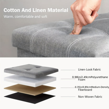 Sgabello contenitore multifunzionale moderno con seduta imbottita e contenitore pieghevole, tessuto grigio, design salvaspazio, adatto per soggiorno, camera da letto, cucina; robusto poggiapiedi rettangolare, panca, con seduta imbottita morbida