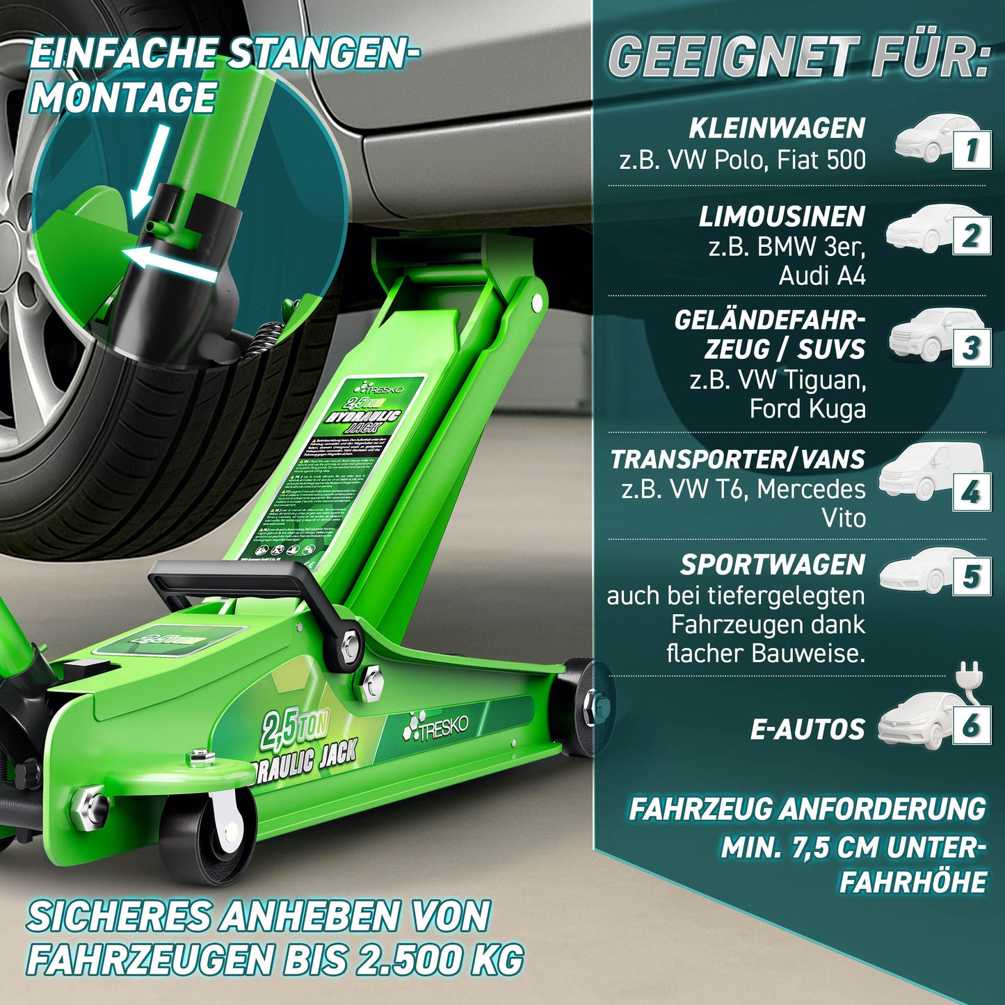 Cric idraulico per auto TRESKO® 2.5 - 3T | Cric idraulico per spostamento auto e SUV con ruote piane e a 360°, include 2 guarnizioni in gomma, tappetino protettivo, guanti