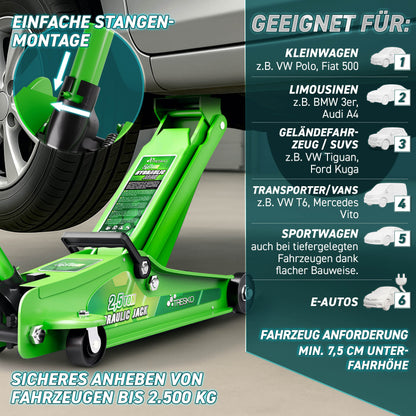 Cric idraulico per auto TRESKO® 2.5 - 3T | Cric idraulico per spostamento auto e SUV con ruote piane e a 360°, include 2 guarnizioni in gomma, tappetino protettivo, guanti