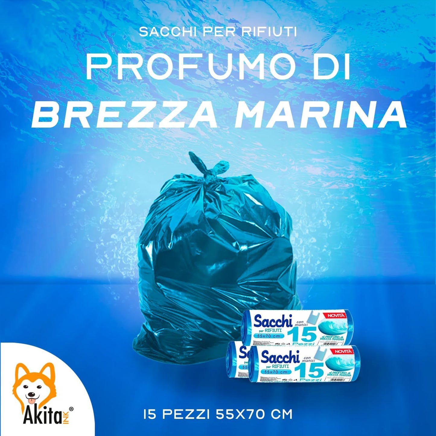 Akitaink Sacchi spazzatura Antiforo con Manici - Profumati - 120 pz da 45L | Misure 55x70cm | Vari Profumi: Brezza Marina, Fragola, Limone e Lavanda Made in Italy