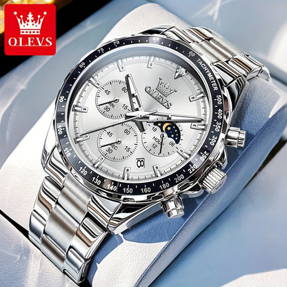 OLEVS Orologi da Uomo con Quadrante Fase Lunare Acciaio Inossidabile/Cinturino in Pelle Cronografo Lusso Business Abito Analogico Quarzo Orologi da Uomo Classici Casual Eleganti Orologi da Polso Quadrante Luminoso Nero/Bianco/Blu/Verde