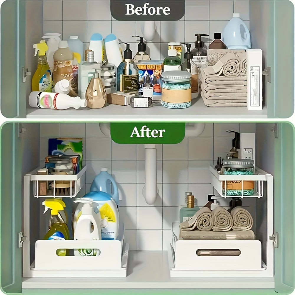 1 pz di scaffale regolabile sottolavello, un ripiano estraibile in metallo progettato per risparmiare spazio con un organizer a doppio strato per armadietti da cucina, perfetto per organizzare e smontare la zona del lavello. Questo moderno ripiano da cuci