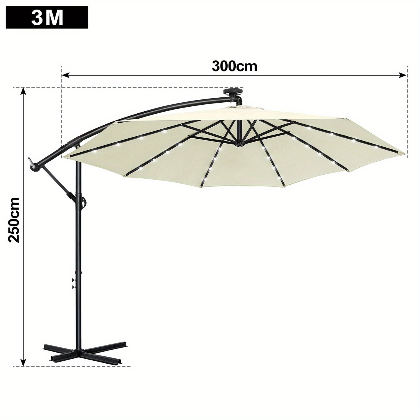 Parasole da balcone 300/350cm, parasole a sbalzo LED con manovella, parasole da giardino in alluminio con supporto, protezione solare, protezione UV, terrazza, giardino, spiaggia