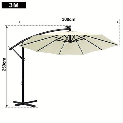 Parasole da balcone 300/350cm, parasole a sbalzo LED con manovella, parasole da giardino in alluminio con supporto, protezione solare, protezione UV, terrazza, giardino, spiaggia