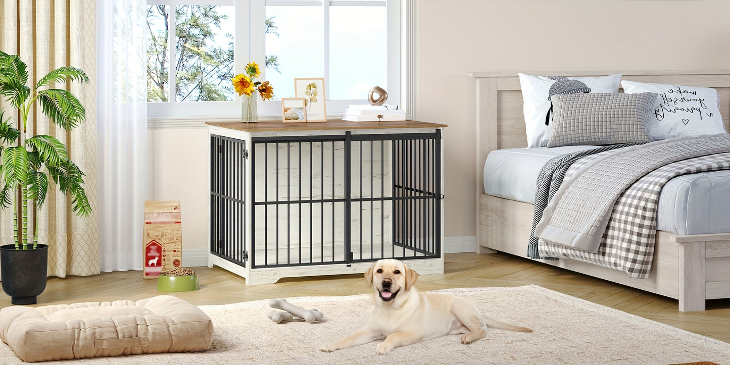 Gabbia per Cani Arredo, 110 cm Gabbia per Cani, 2 Ante, Gabbia Moderna per Interni, Adatta a Cani Piccoli/Medii/Grandi fino a 100 kg, Tavolino Laterale, Ante Scorrevoli Rinforzate, 65 x 110 x 81 cm, Nero/Bianco e Nero