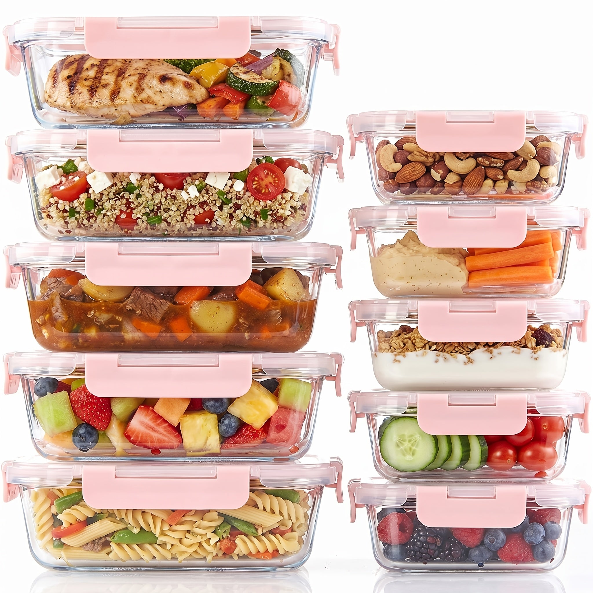 Set di 20 contenitori in vetro per alimenti, 10 contenitori, 10 coperchi trasparenti, lavabili in lavastoviglie, adatti al microonde e al congelatore, a prova di perdite